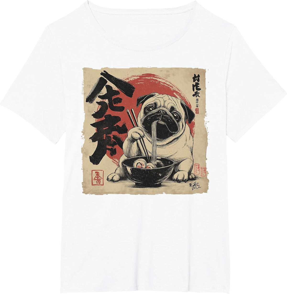 Funny Pug Eating Ramen Japanese Vintage Noodle Dog Art T-Shirt - White