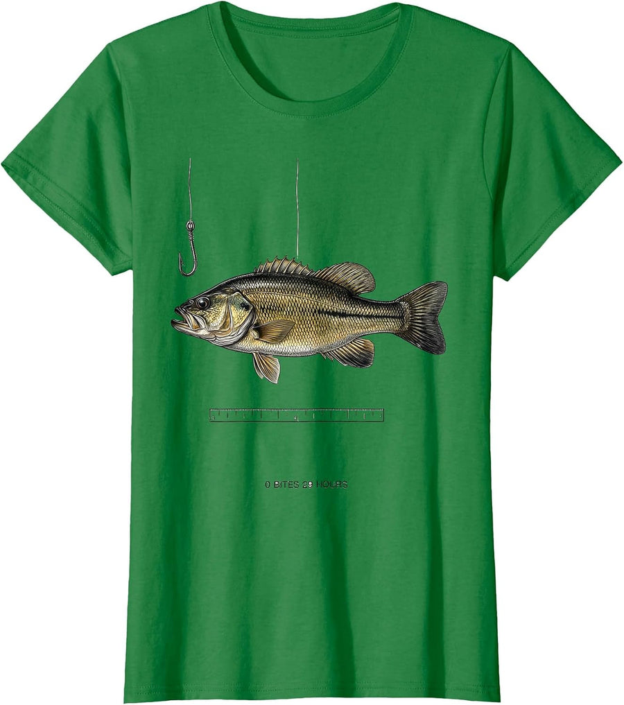 Women's 0 Bites 29 Hours Funny Bass Fishing Humor Dad Gift T-Shirt - Kelly Green