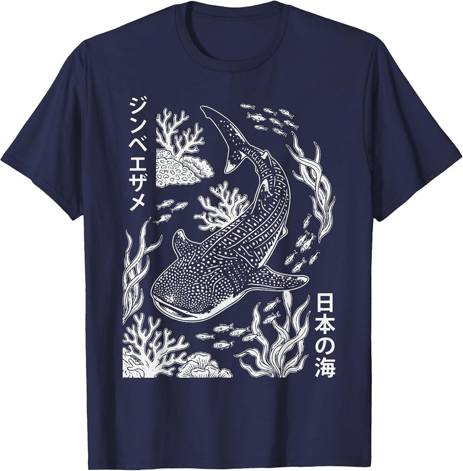 Whale Shark Japanese Ocean T-Shirt - Navy Blue