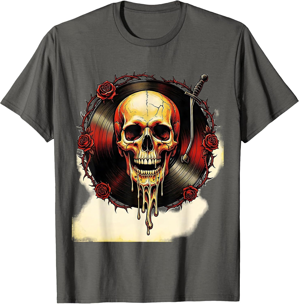 Skull Melting Into Vinyl Record Grooves Tee T-Shirt - Asphalt Grey