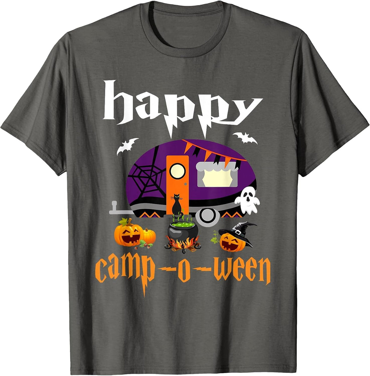 Happy Camp-O-Ween Halloween Camping Camper T-Shirt - Asphalt Grey