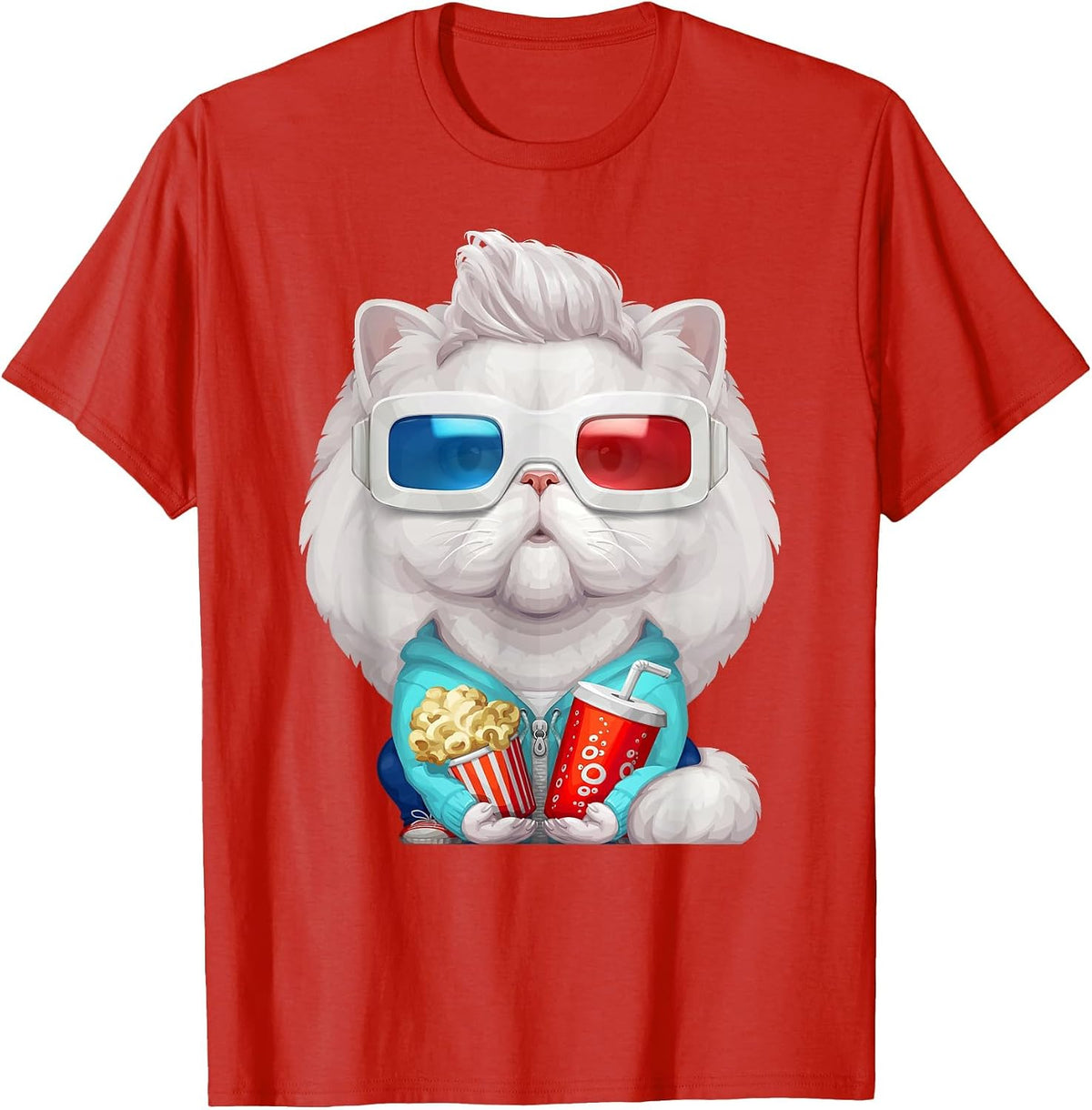 White Persian Cat Wearing 3D Glasses T-Shirt T-Shirt - Red