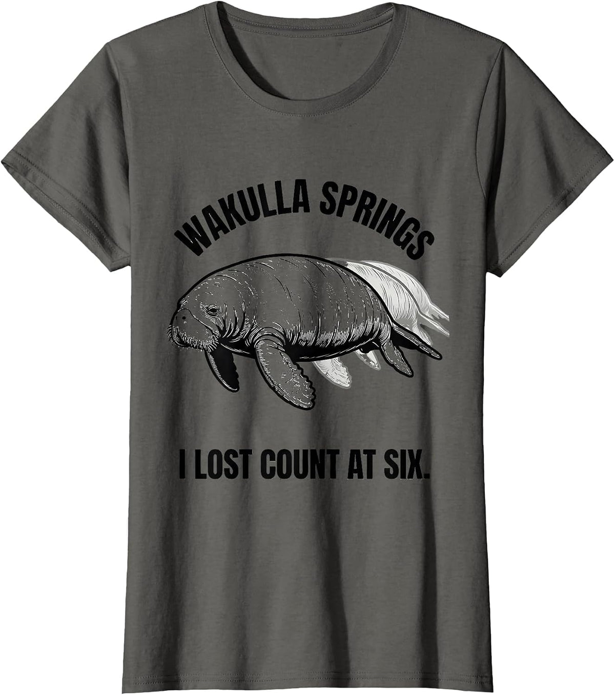 Women's Wakulla Springs I Lost Count At Six Funny Manatee Lover Gift T-Shirt - Asphalt Grey