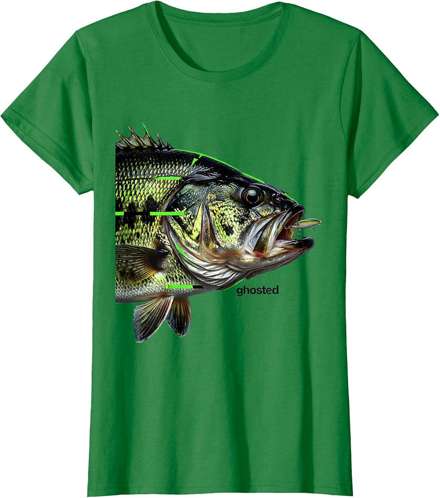 Women's ghosted Funny Freshwater Bass Fishing Humor Dad Gift T-Shirt - Kelly Green