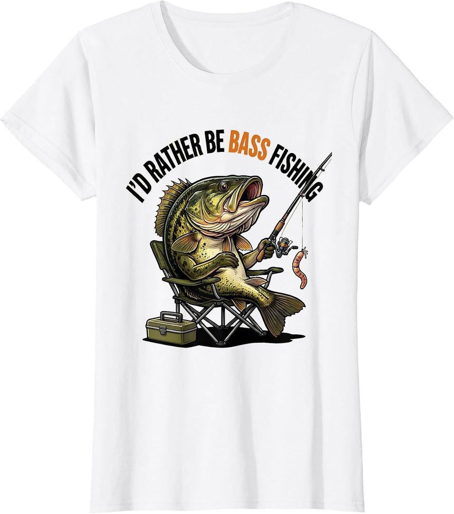 Women's I'd Rather Be Bass Fishing Funny Cartoon Bass Fisherman Dad T-Shirt - White