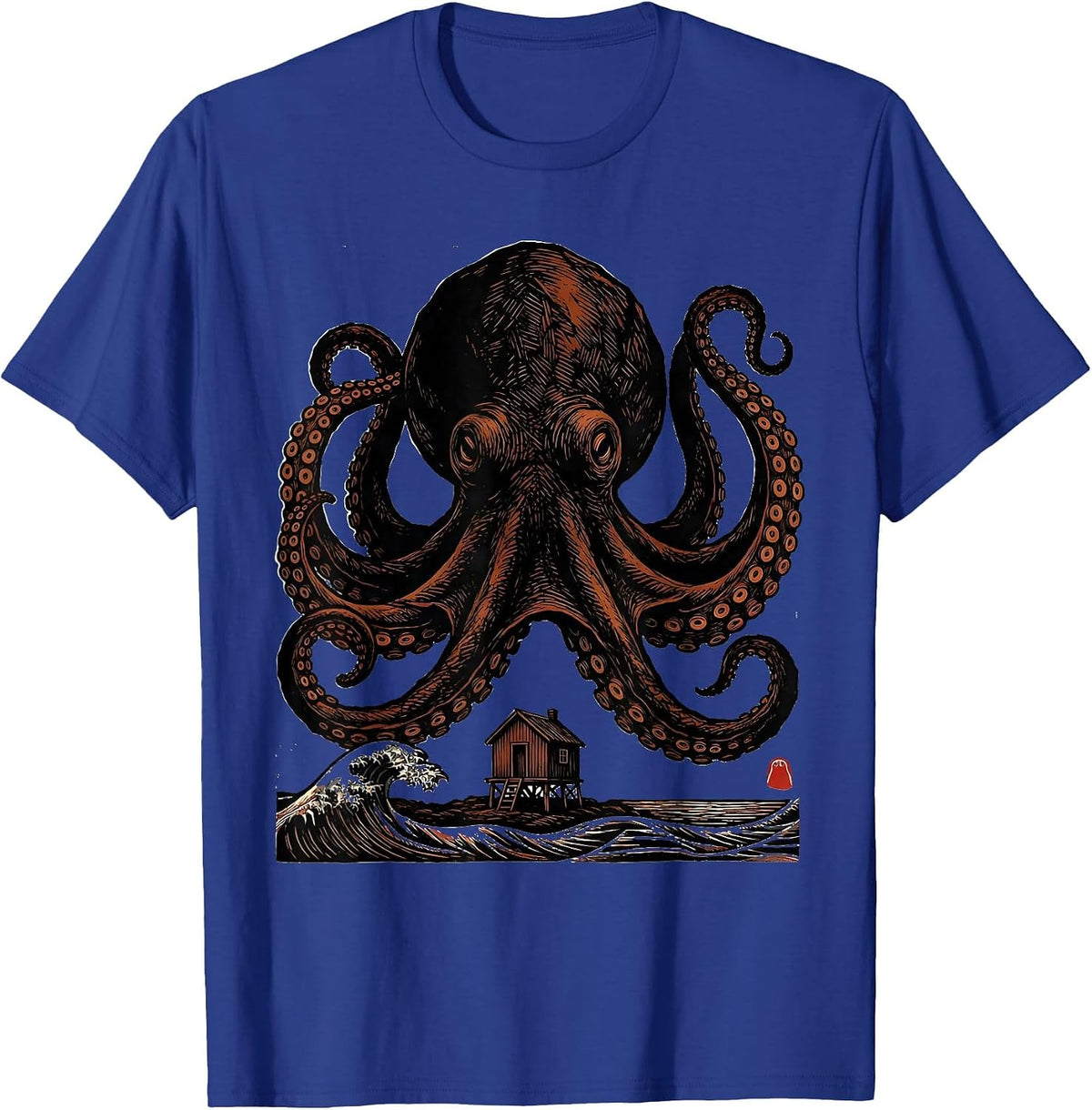 Men's Domed Octopus Linocut Ocean Animal Lover Art T-Shirt - Royal Blue