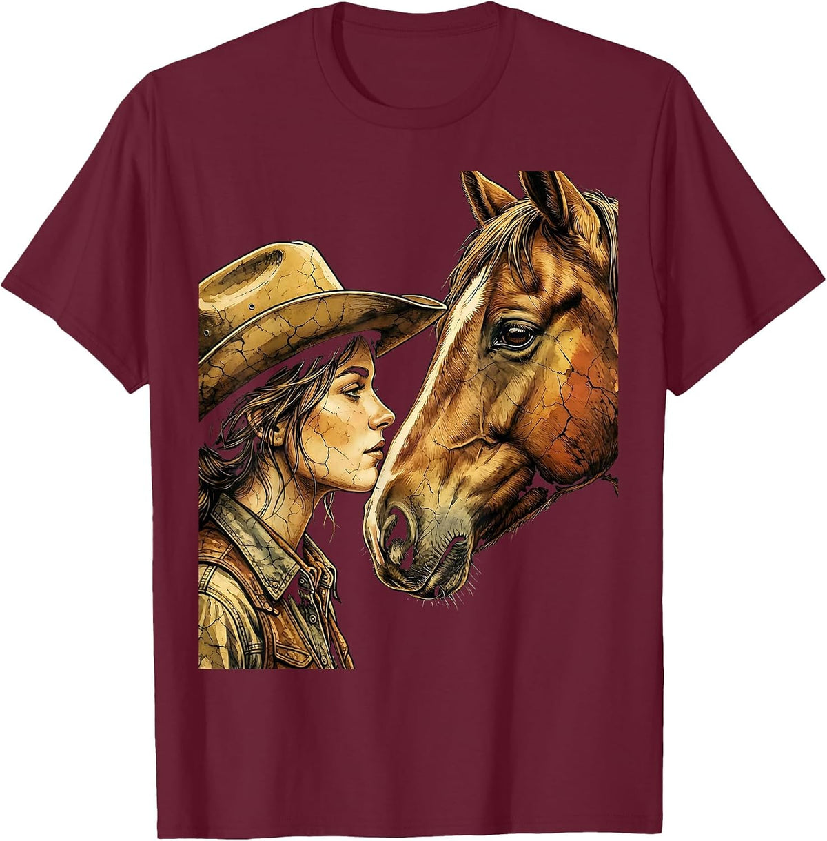 Cowgirl and Horse Nose-to-Nose Portrait Graphic T-Shirt - Burgundy