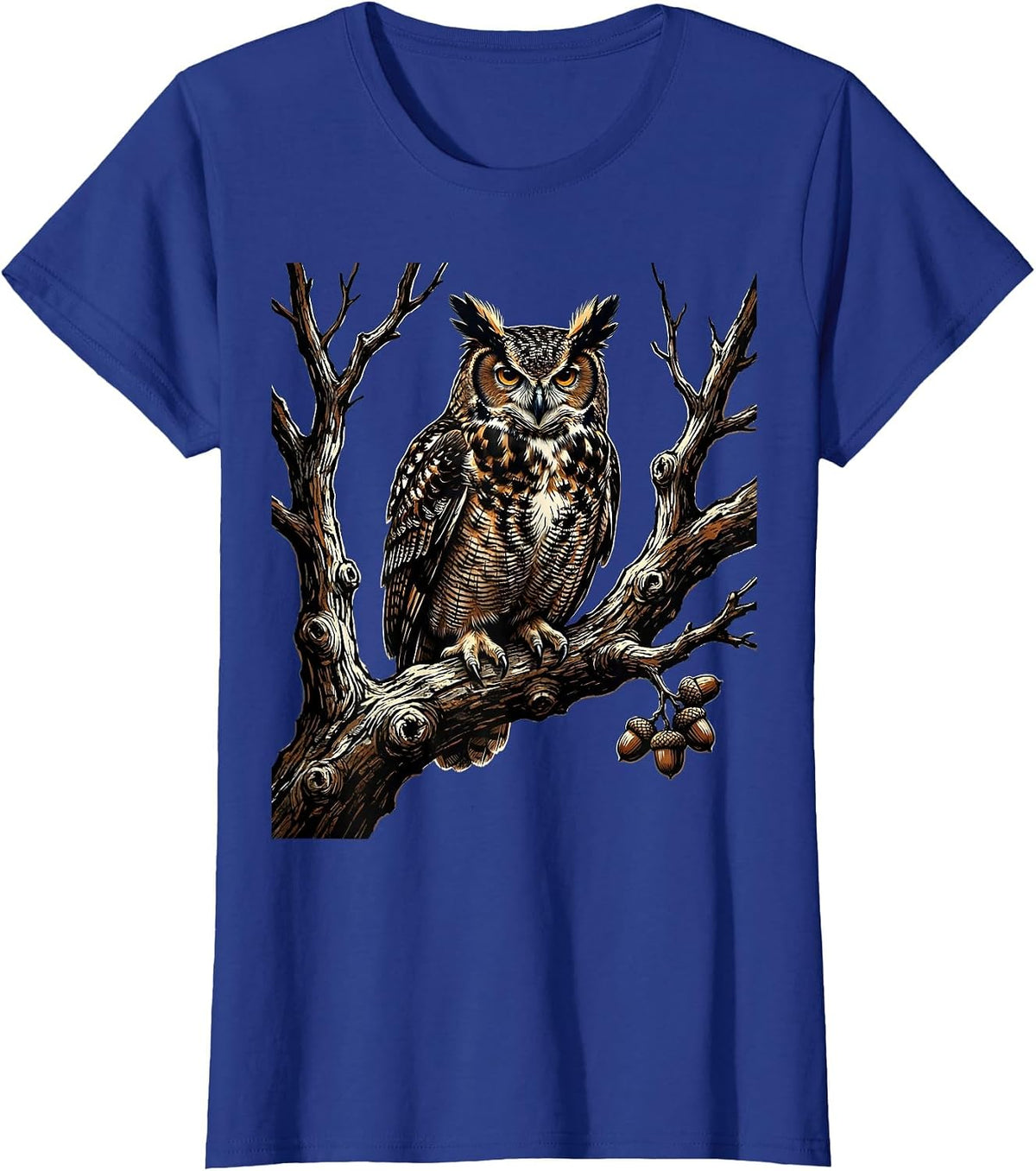 Women's Owl on Bare Oak Branch Fall Nature Illustration T-Shirt - Royal Blue