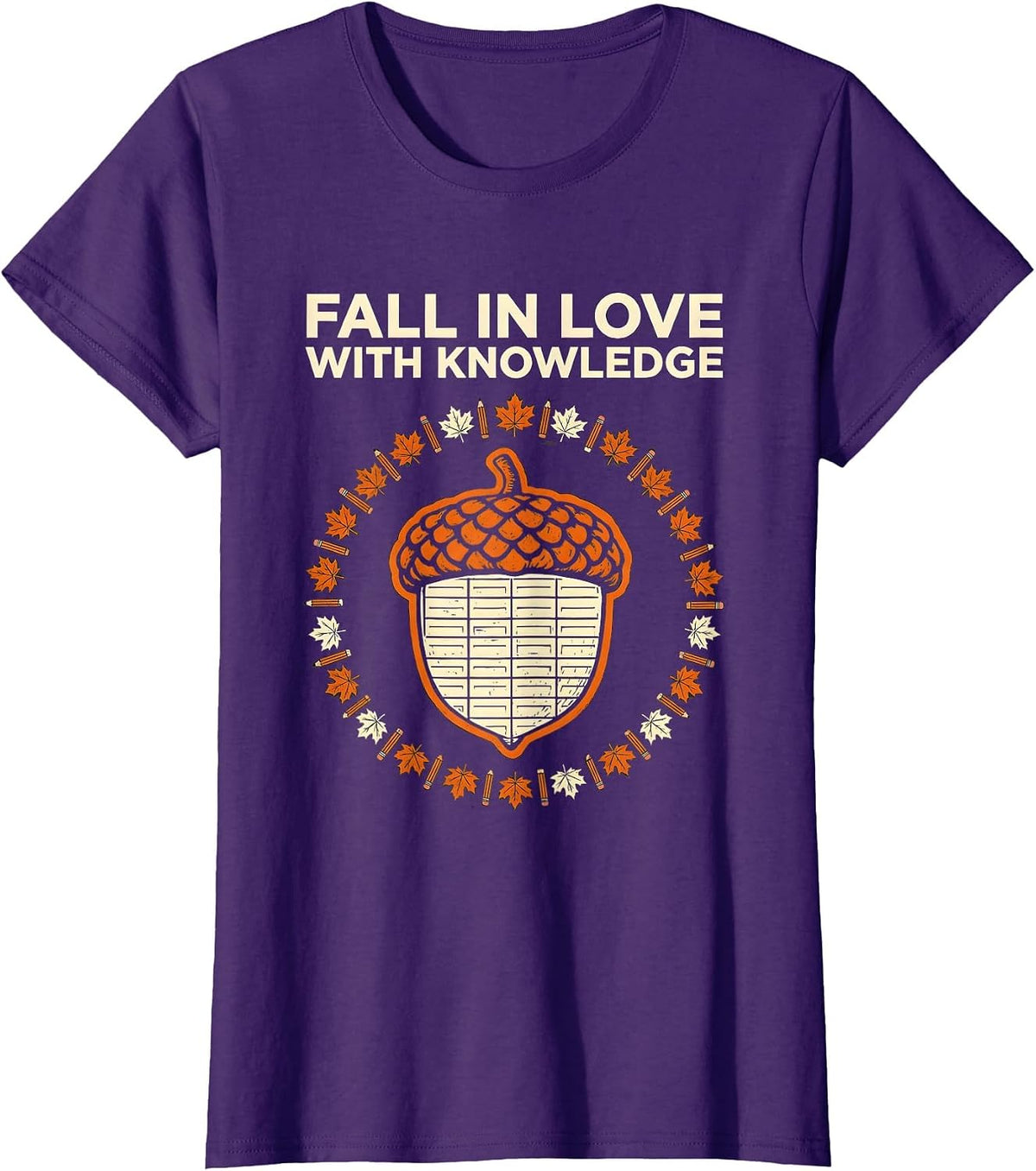Women's Fall In Love With Knowledge Retro Teacher Autumn Halloween T-Shirt - Purple