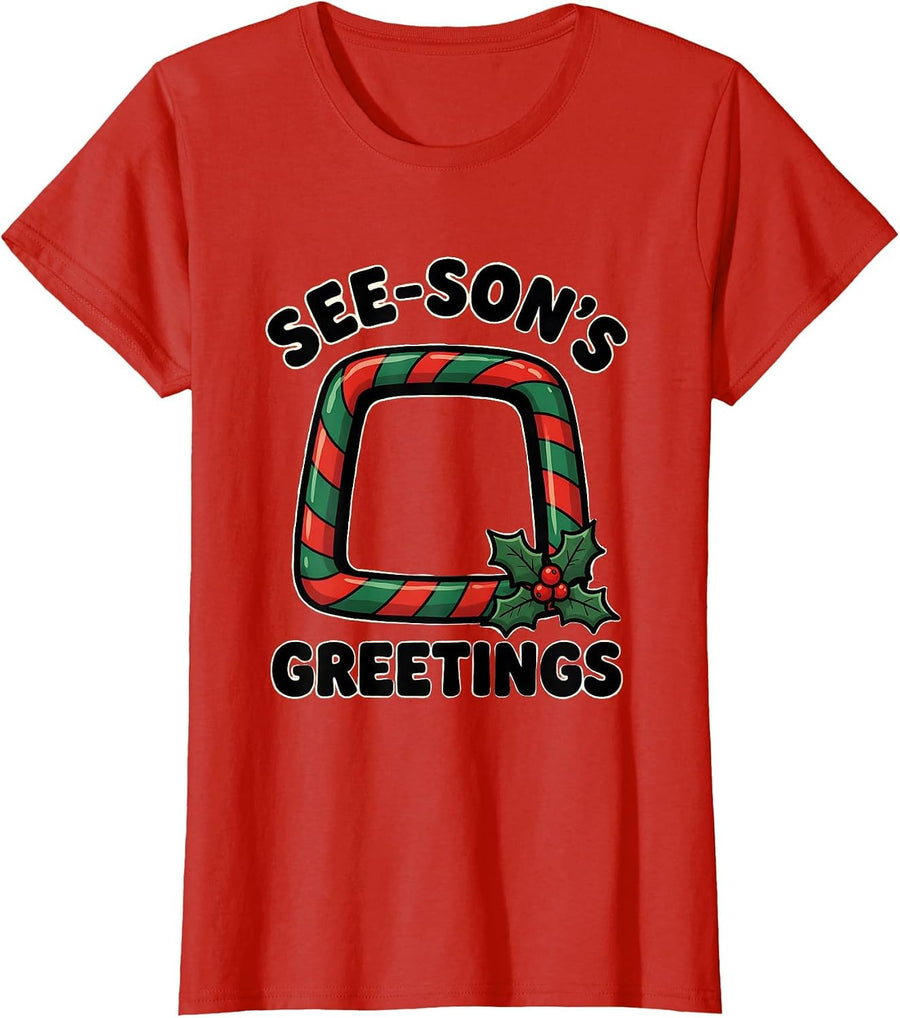 Women's See-Son's Greetings Cartoon Optometrist Christmas Pun Humor T-Shirt - Red