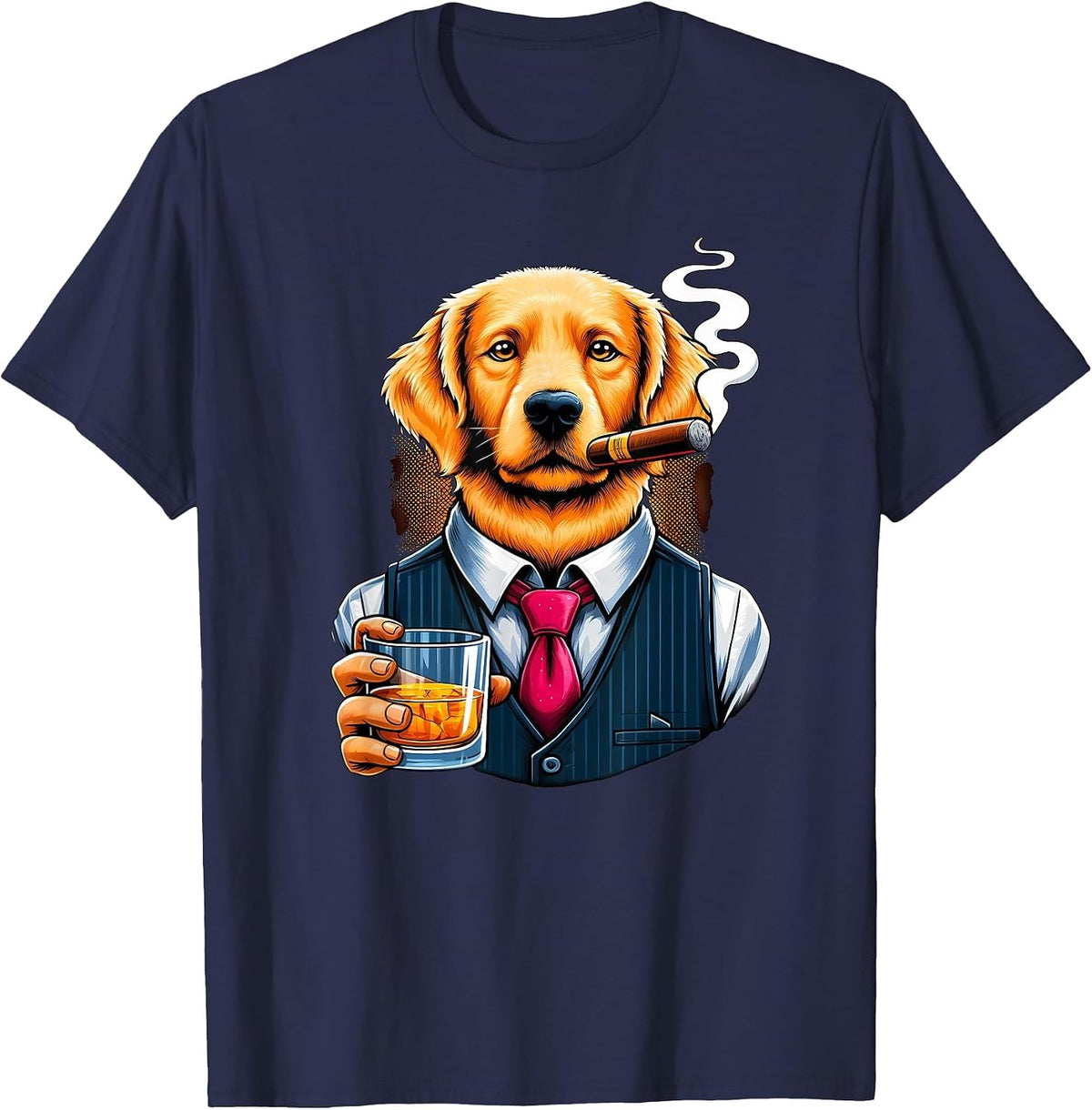 Golden Retriever Dog Cigar and Whiskey T-Shirt - Navy Blue