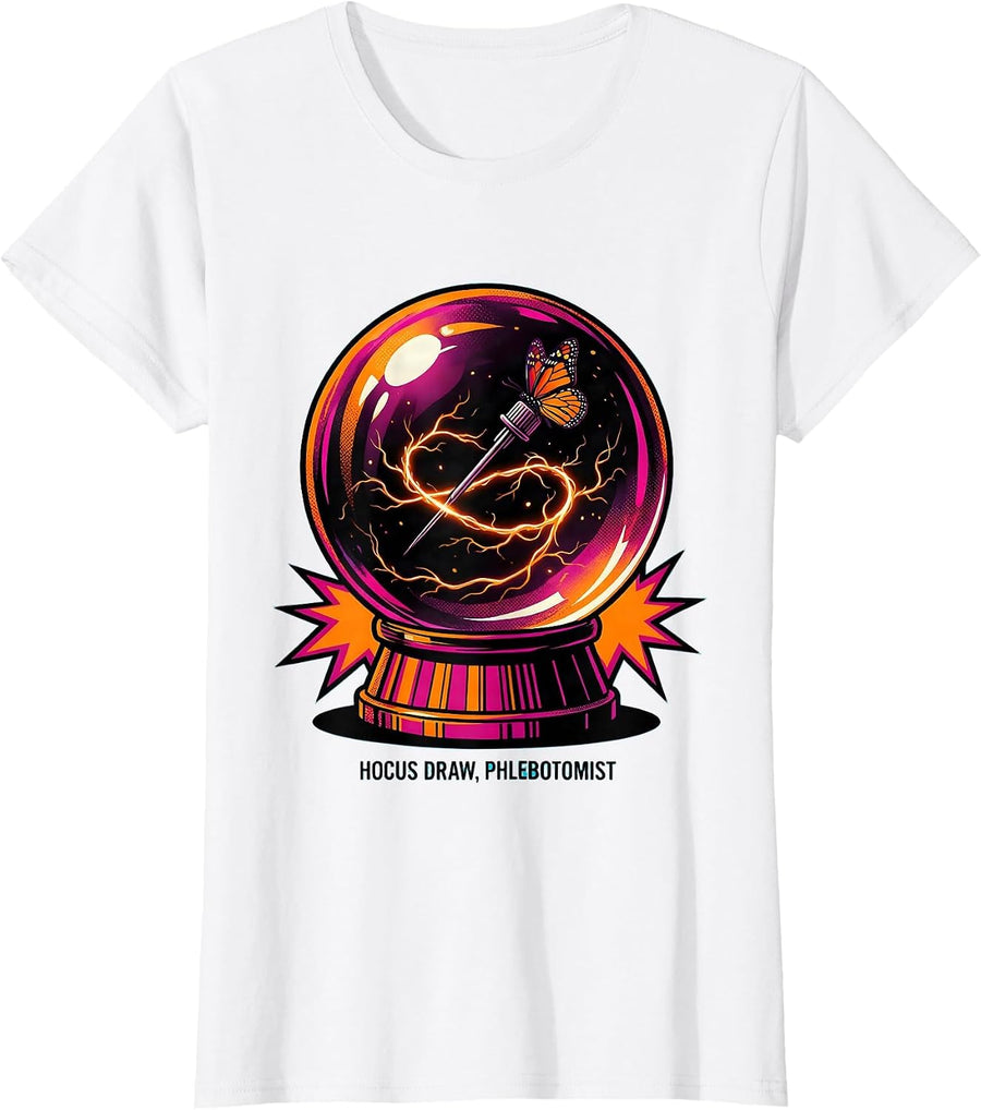 Women's Hocus Draw Phlebotomist Pop Art Halloween Nurse Humor T-Shirt - White