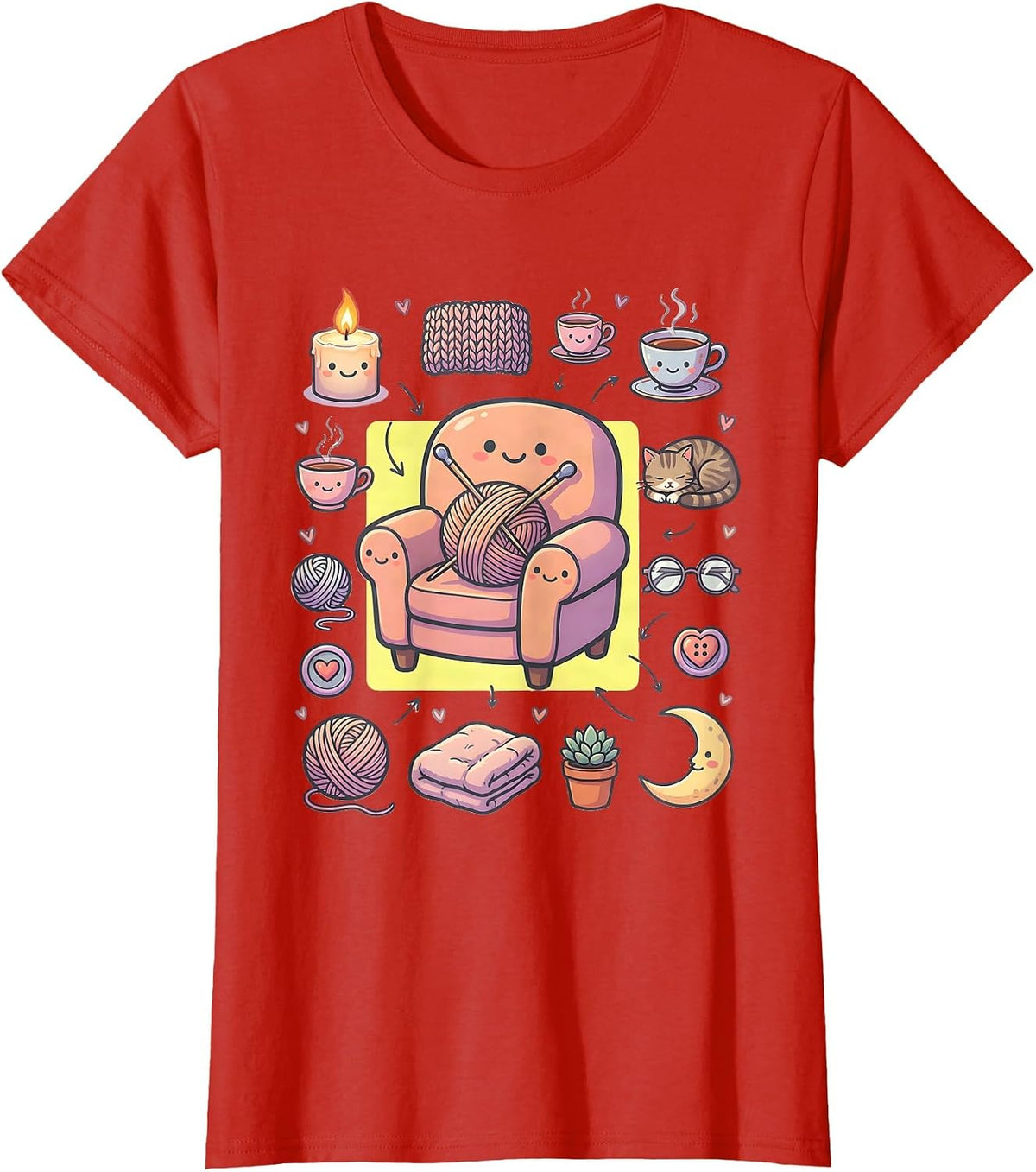 Women's Cozy Grandma Knitting Candlelight Illustration T-Shirt - Red