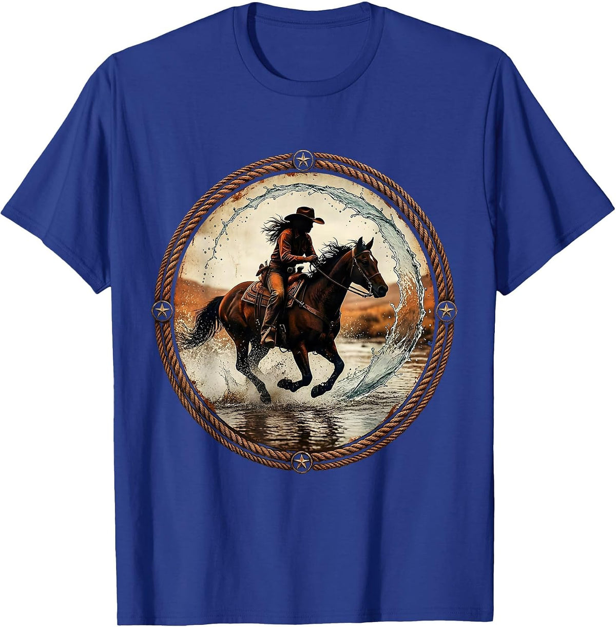 Cowgirl Riding Horse Through River Splash T-Shirt - Royal Blue