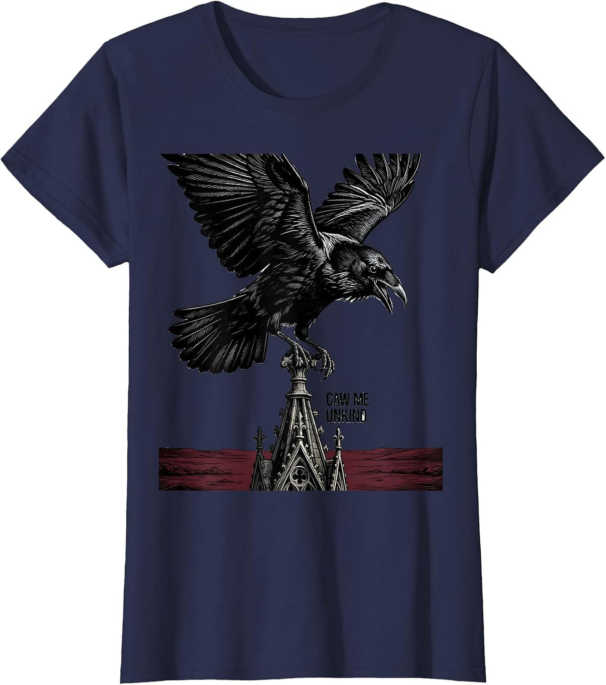 Women's caw me unkind Gothic Crow Raven Bird-Pun Humor T-Shirt - Navy Blue