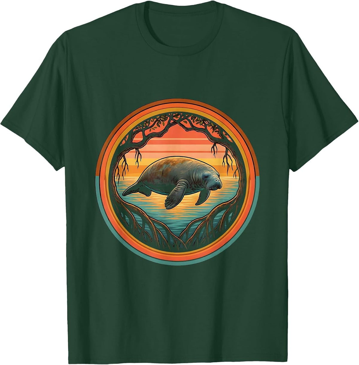 Dominican Republic Manatee Mangrove Illustration T-Shirt - Dark Green