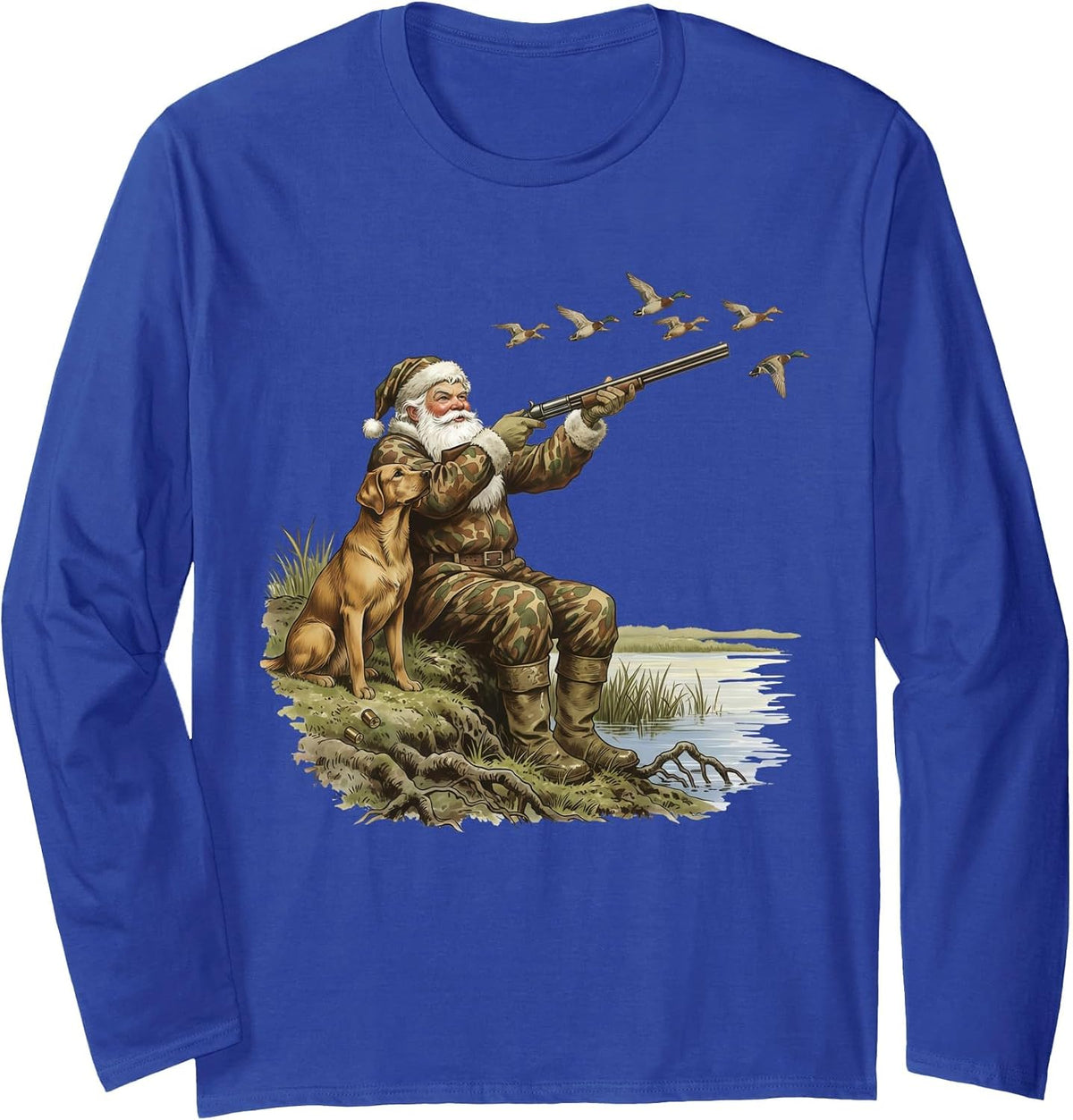 Camo Santa Mallard Duck Hunting Camouflage Christmas Hunter Long Sleeve T-Shirt - Adult Unisex Royal Blue
