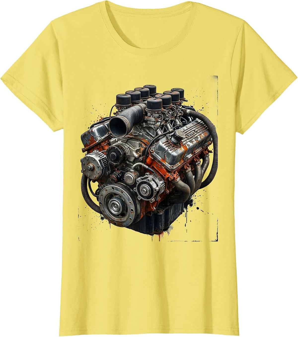 Women's Vintage Engine Block Chrome Detail Illustration T-Shirt - Lemon Yellow