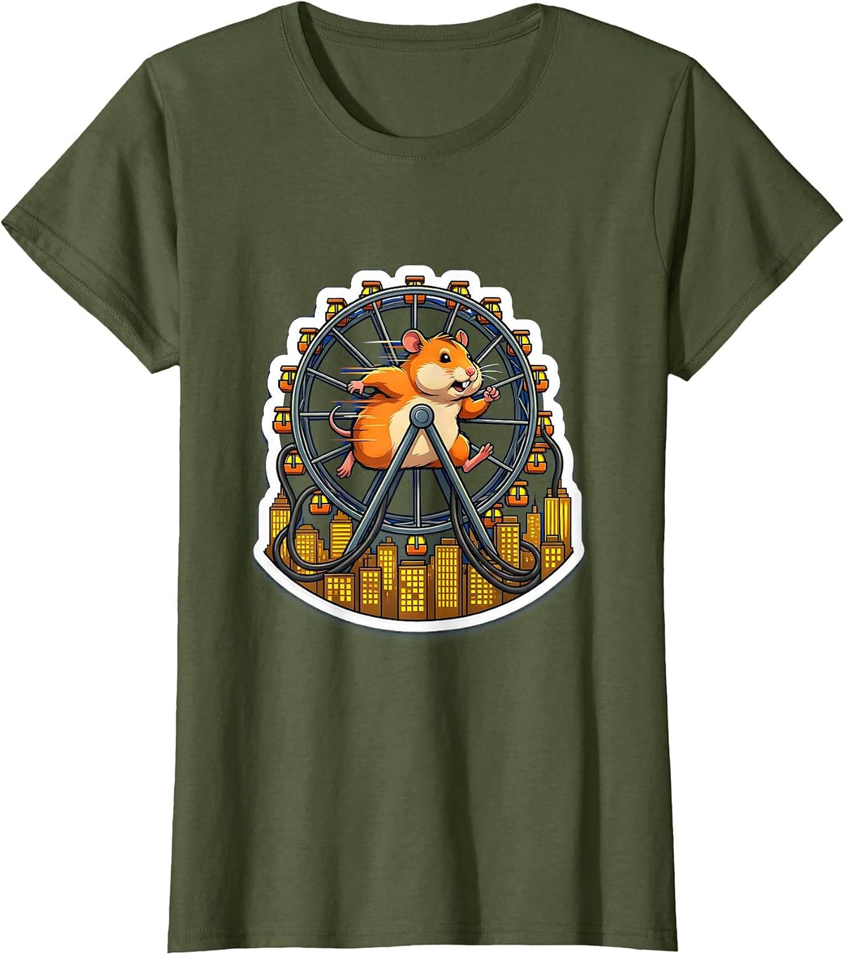 Women's Hamster Wheel Powers City Funny Meme Graphic T-Shirt - Olive Green