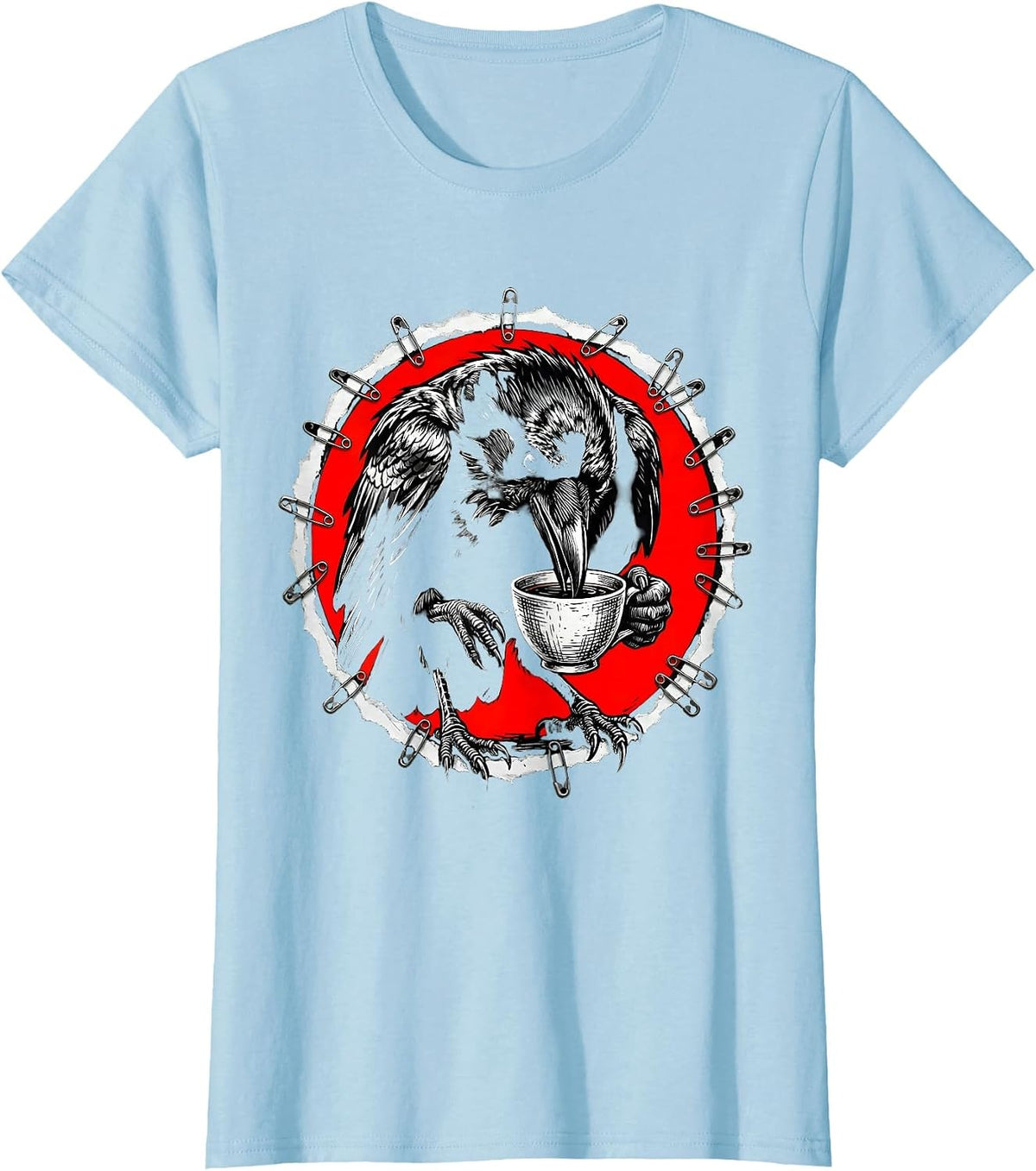 Women's Crow Drinking From a Tiny Teacup Illustration T-Shirt - Baby Blue