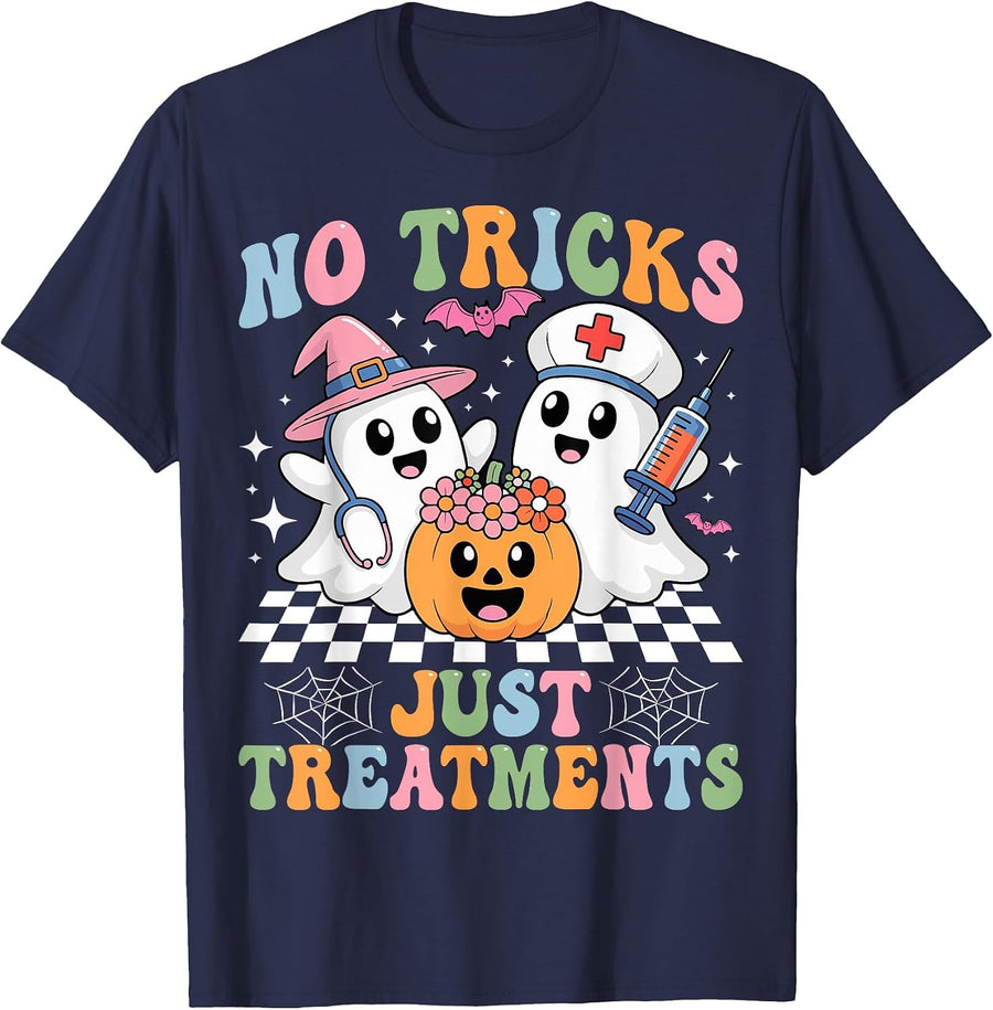 No Tricks Just Treatmen Funny Nursing Spooky Nurse Halloween T-Shirt - Navy Blue