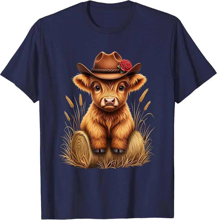 Highland Cow with Cowboy Hat Cute Rustic Country Art T-Shirt - Navy Blue