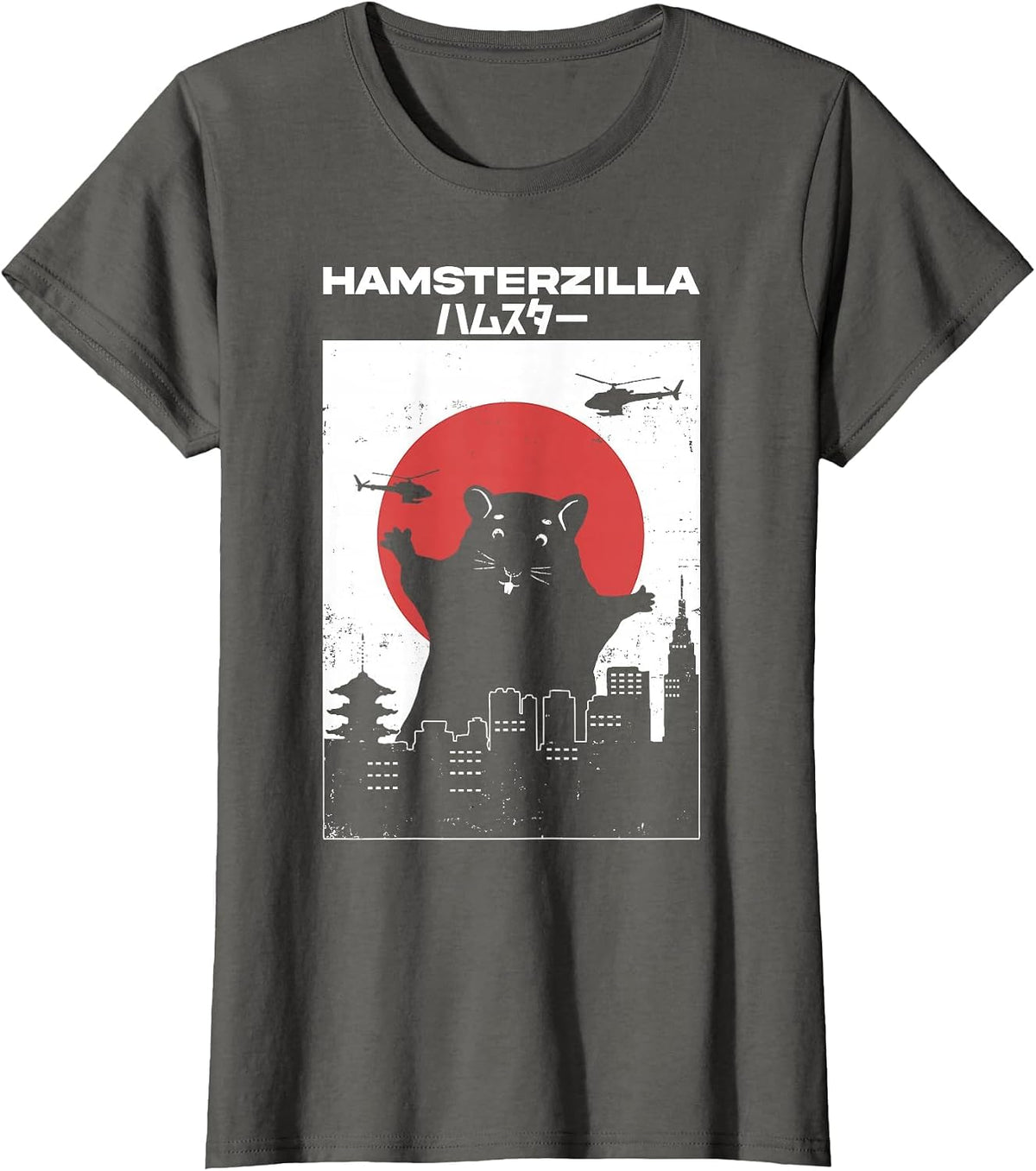 Hamster Zilla Monster Hamster in Tokyo with a Japanese Flag T-Shirt - Asphalt Grey