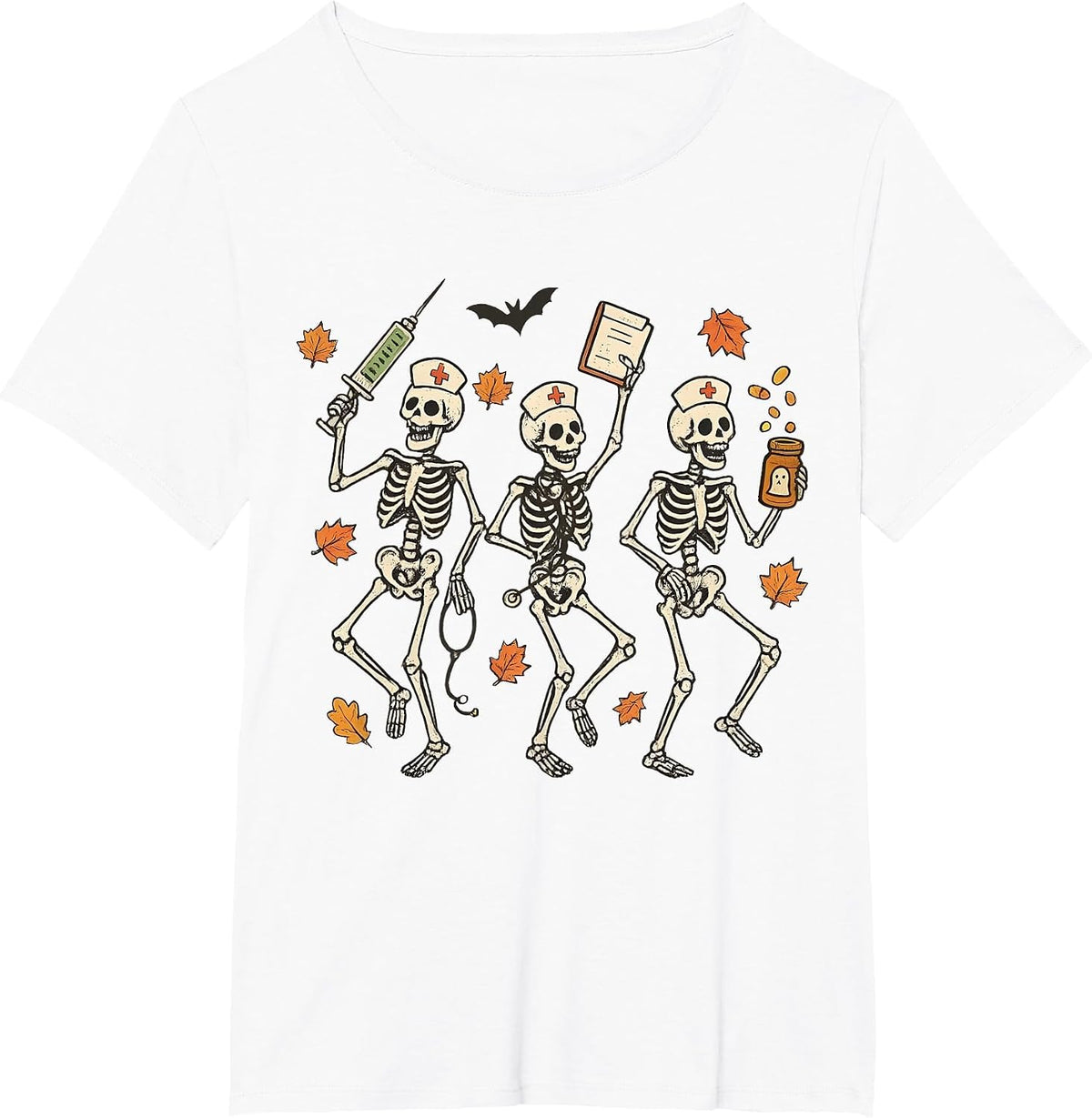 Funny Halloween Nurse Skeleton Dancing Spooky Season T-Shirt - White