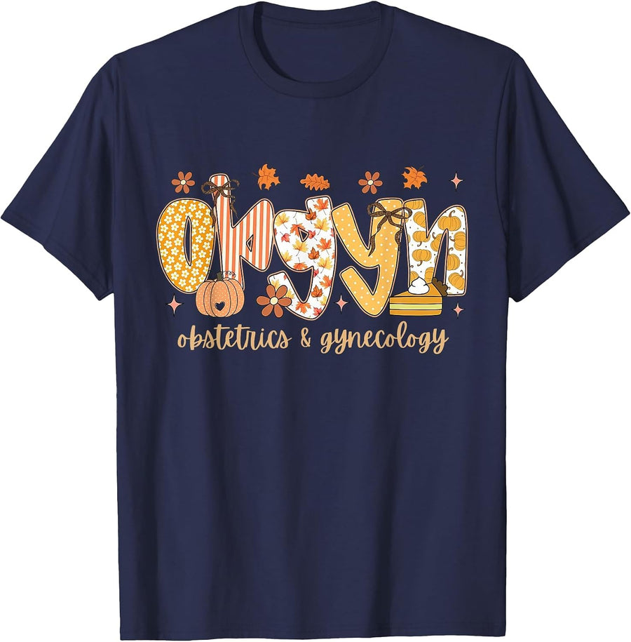 OBGYN Obstetrics &Gynecology Floral Autumn Leaf Thanksgiving T-Shirt - Navy Blue