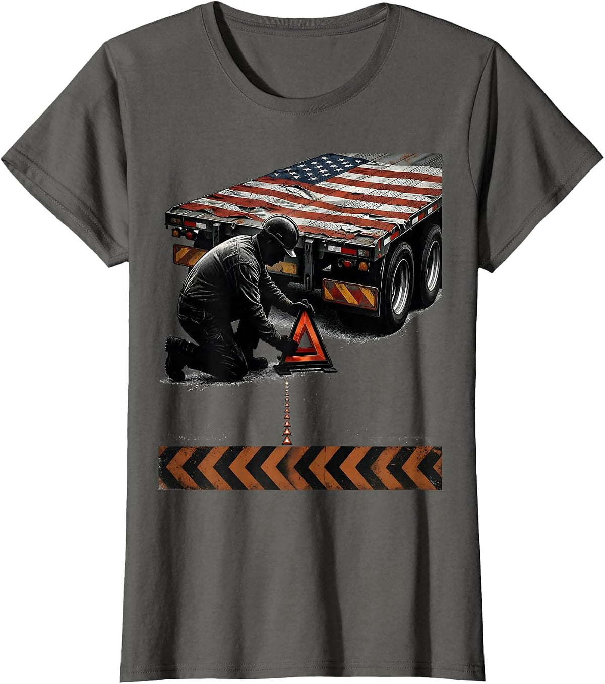 Women's Roadside Heavy-Haul Operator Distressed Trucker Patriotic T-Shirt - Asphalt Grey