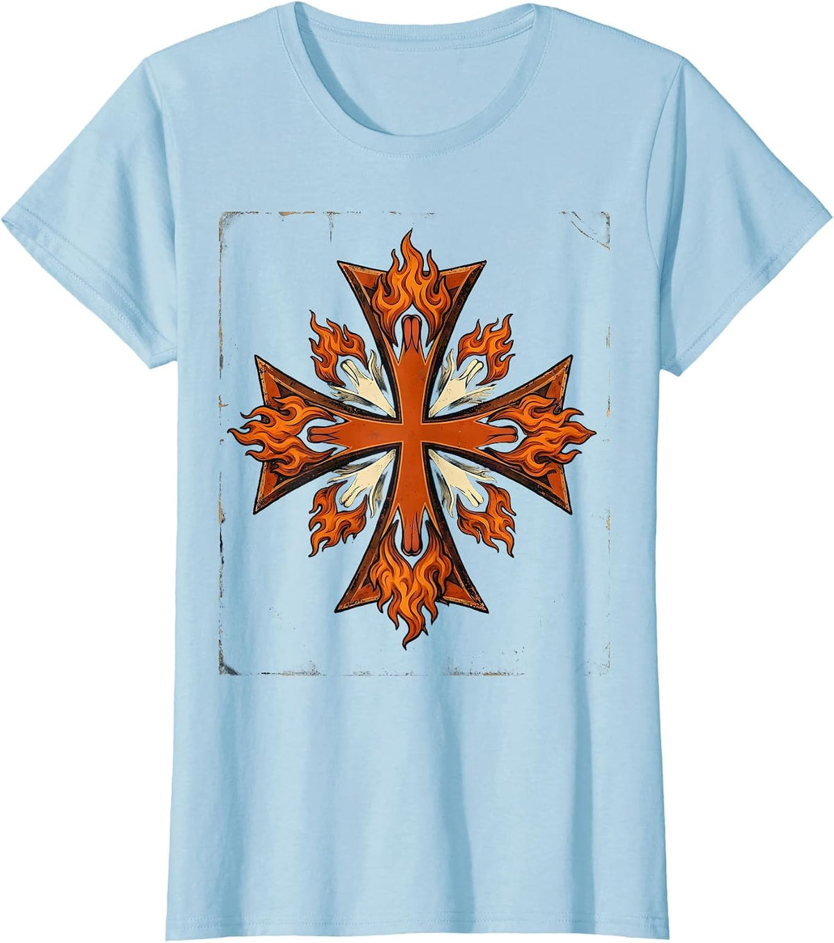 Firefighter Maltese Cross Flames Illustration T-Shirt - Baby Blue