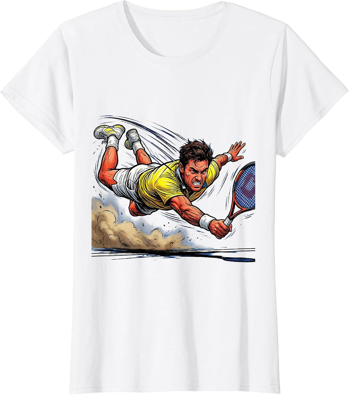 Tennis Player Diving Low Backhand Shot Graphic T-Shirt - White