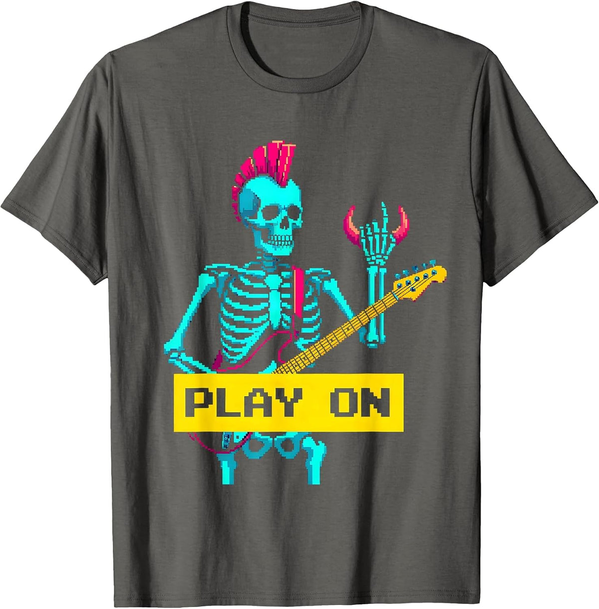 Play On Pixel Art Punk Rock Skeleton Skull Halloween Music T-Shirt - Asphalt Grey