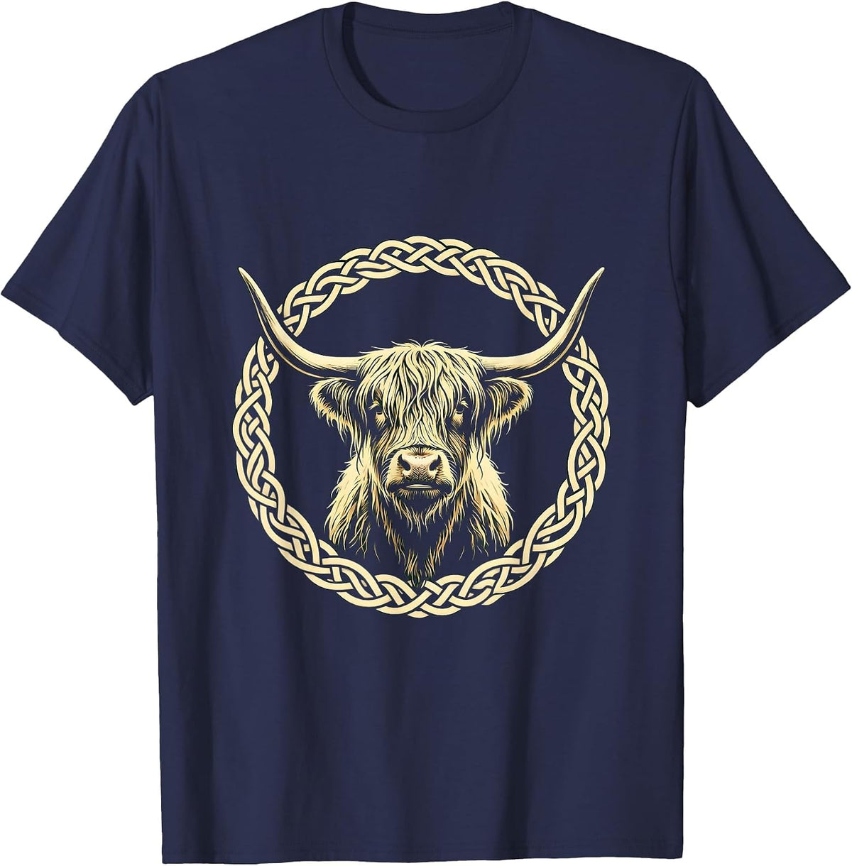 Men's Highland Cow Celtic Knotwork Illustration T-Shirt - Navy Blue