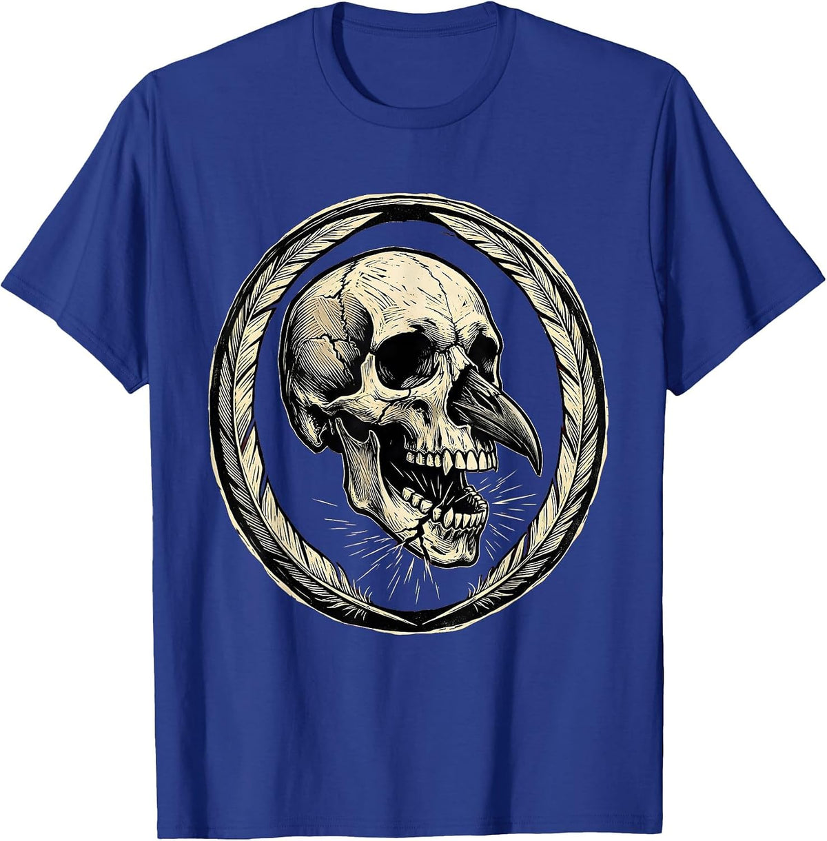 Crow Skull Cracked Beak Dark Gothic Illustration T-Shirt - Royal Blue
