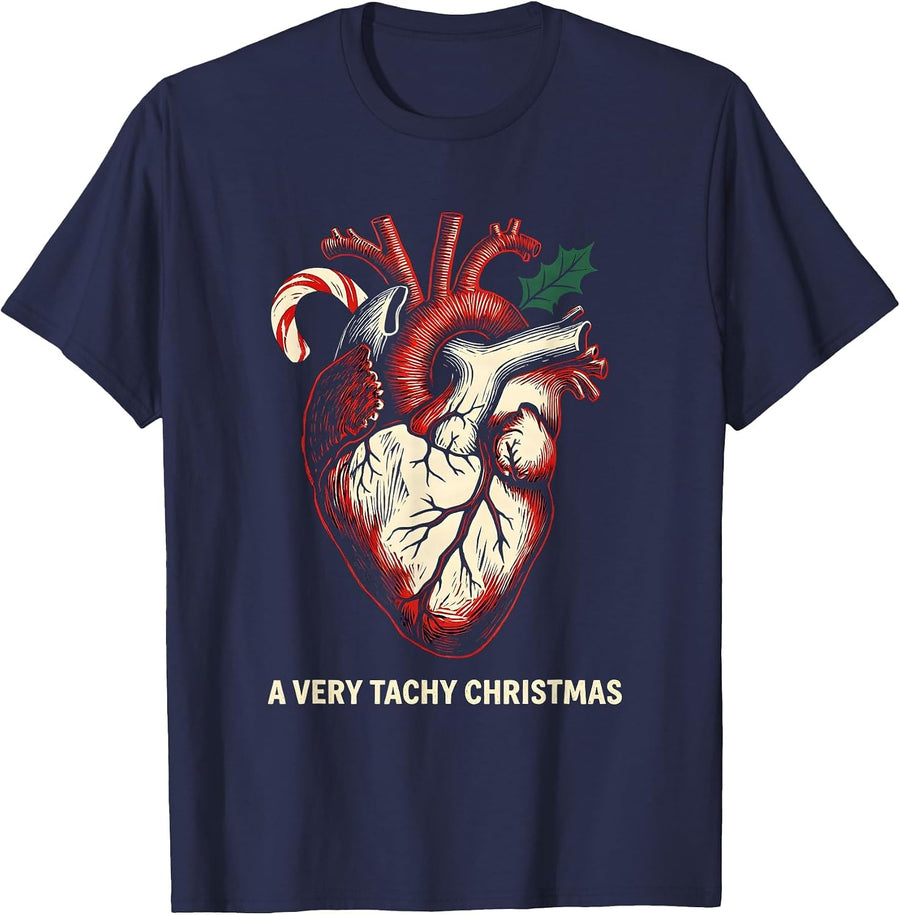 A Very Tachy Christmas Funny Cardiac Nurse Heart Anatomy Pun T-Shirt - Navy Blue