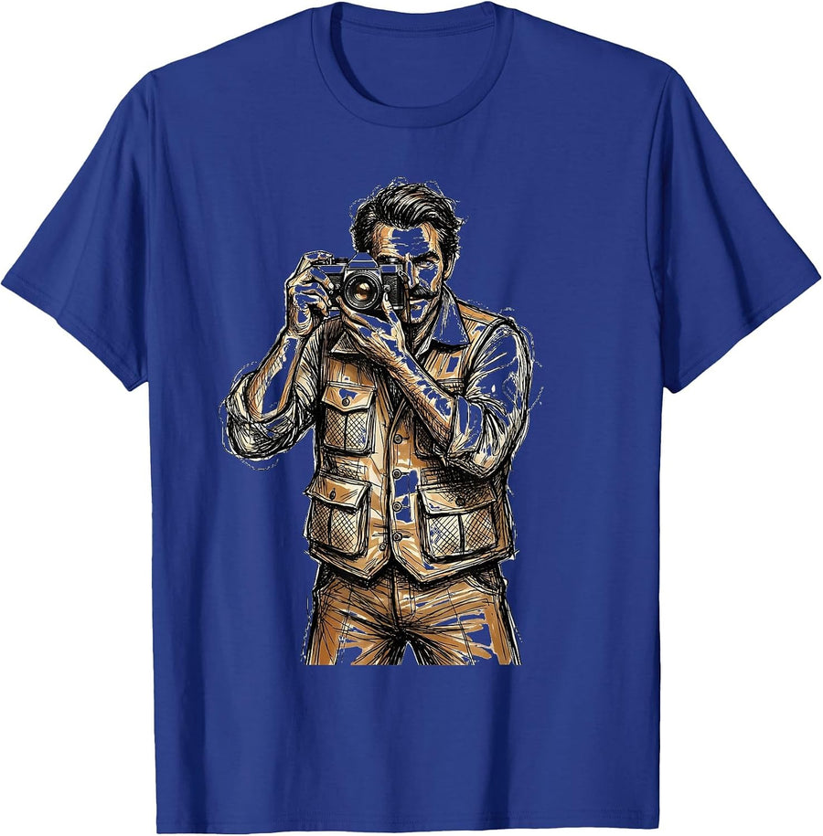 70s Safari Photographer Vintage Retro Illustration T-Shirt - Royal Blue