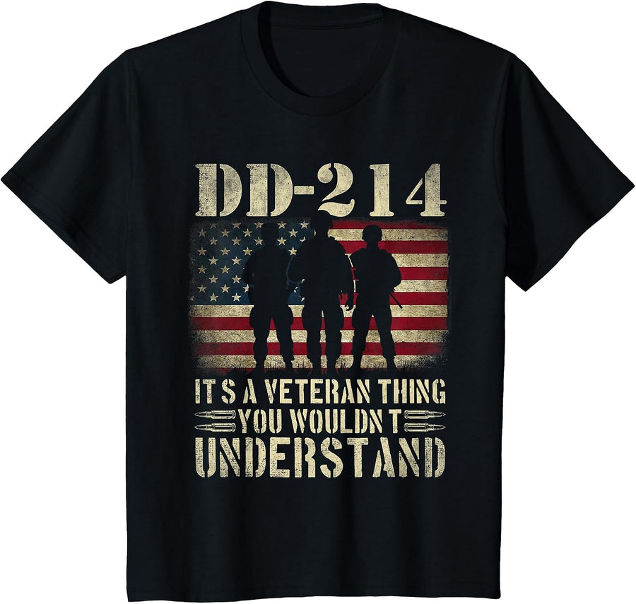 DD-214 Alumni Veterans Patriotic US American Flag T-Shirt - Black