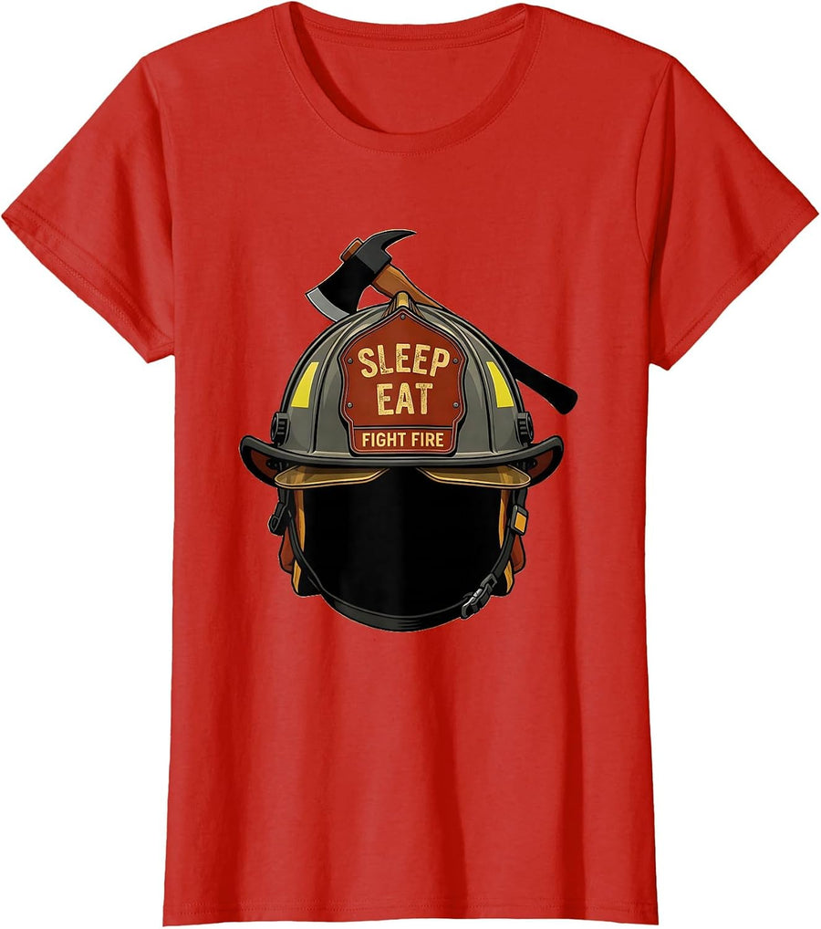 Women's Sleep Eat Fight Fire Firefighter Design T-Shirt - Red