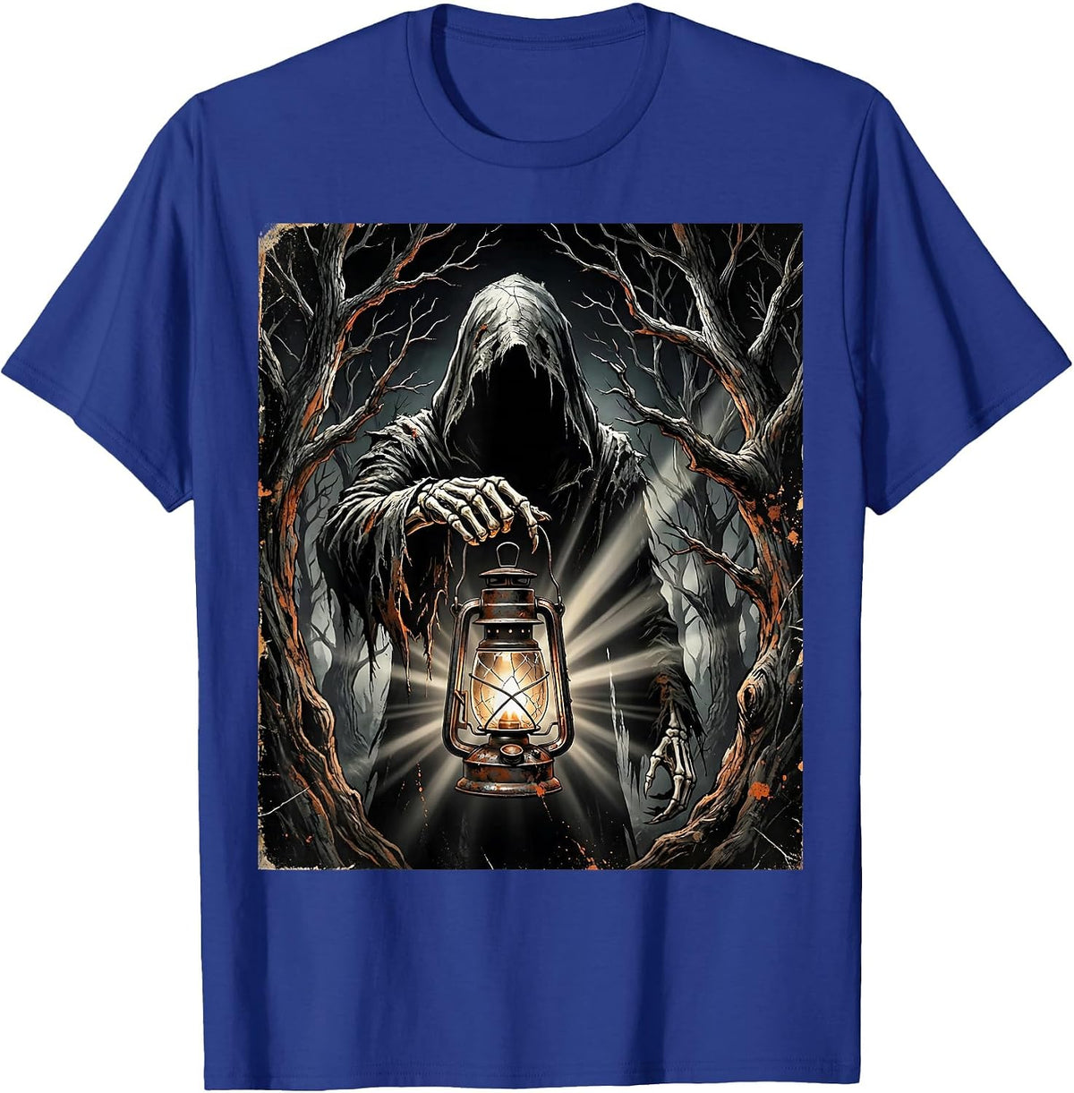 Dark Forest Lantern Cloaked Figure Heavy Metal T-Shirt - Royal Blue