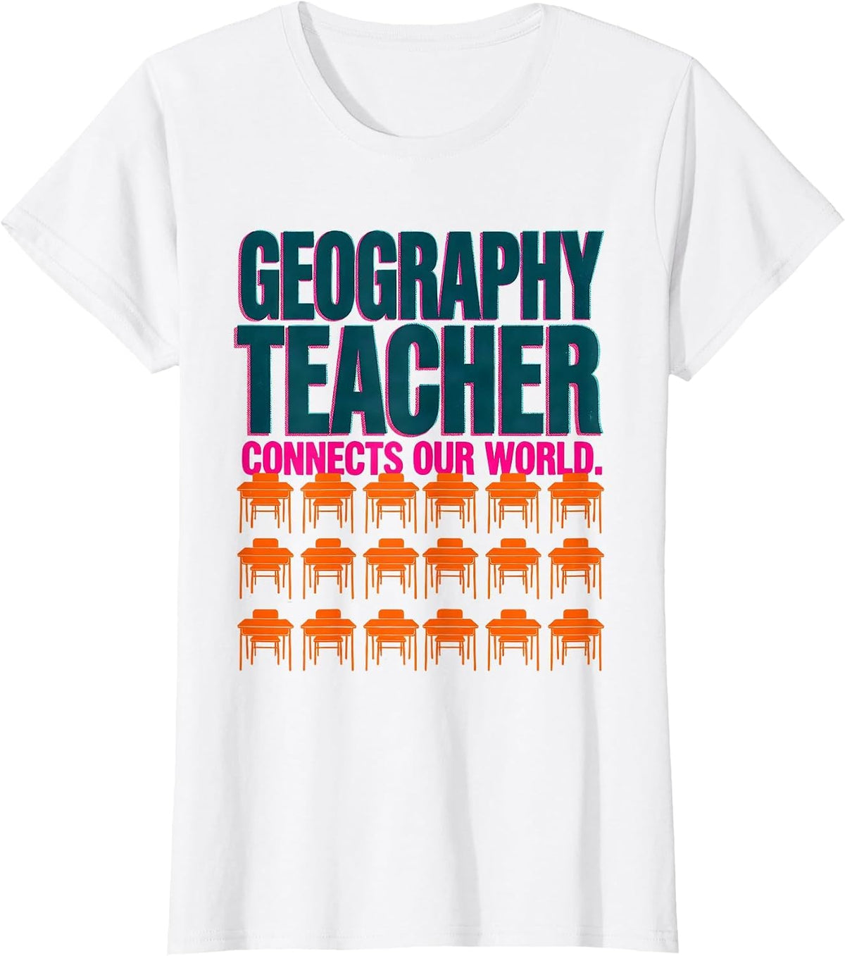 Geography Teacher Connects Our World Risograph Humor Teacher T-Shirt - White