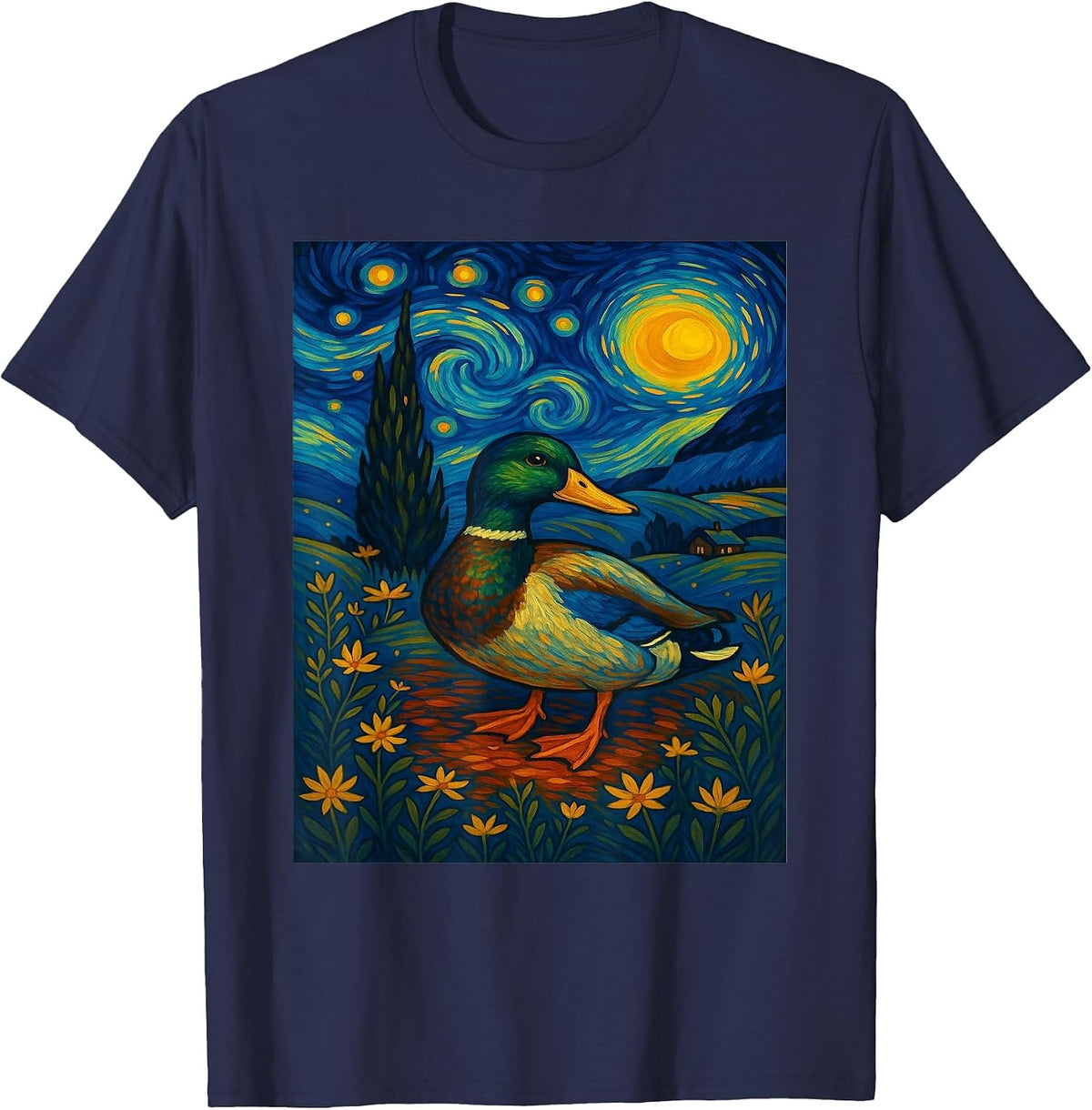 Starry Night Mallard Duck Van Gogh Style Hunting Farmer Farm T-Shirt - Navy Blue