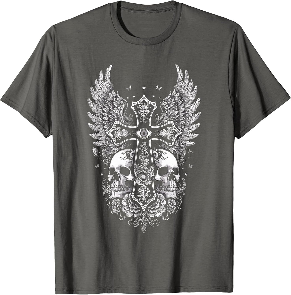 Emo Y2K Grunge Aesthetic Alt Goth Skull Cross Gothic T-Shirt - Asphalt Grey