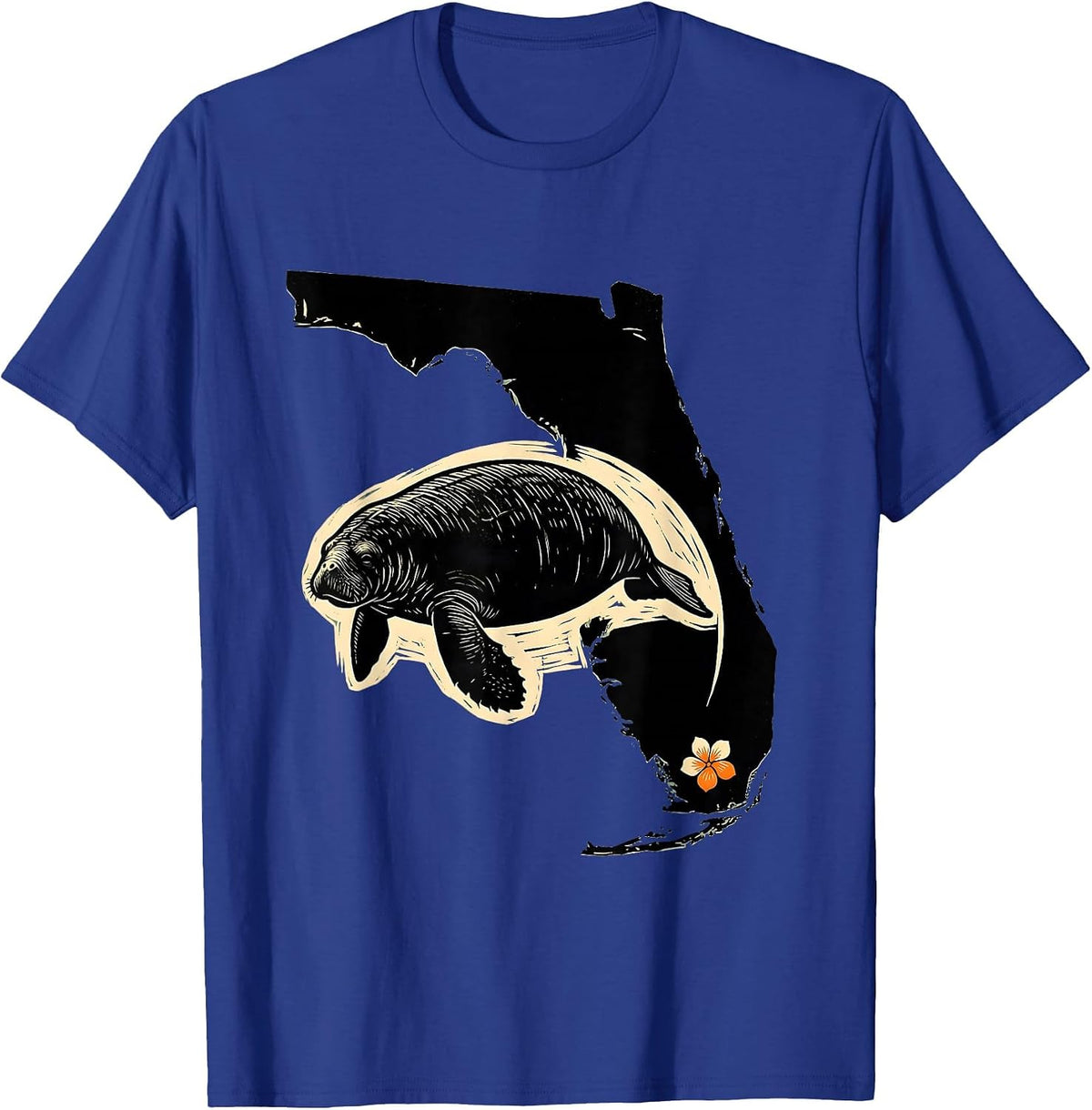 Florida Peninsula Manatee Linocut Retro State Pride T-Shirt - Royal Blue