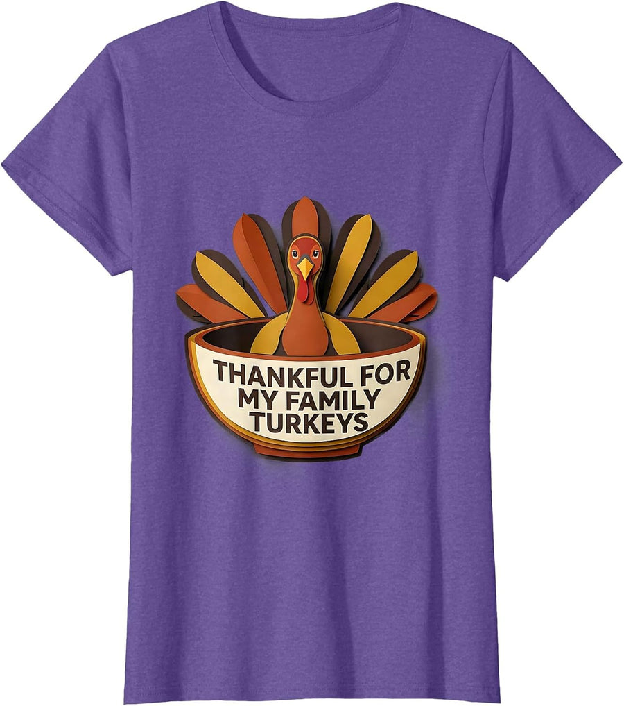 Thankful For My Family Turkeys Funny Thanksgiving Family T-Shirt - Purple Heather