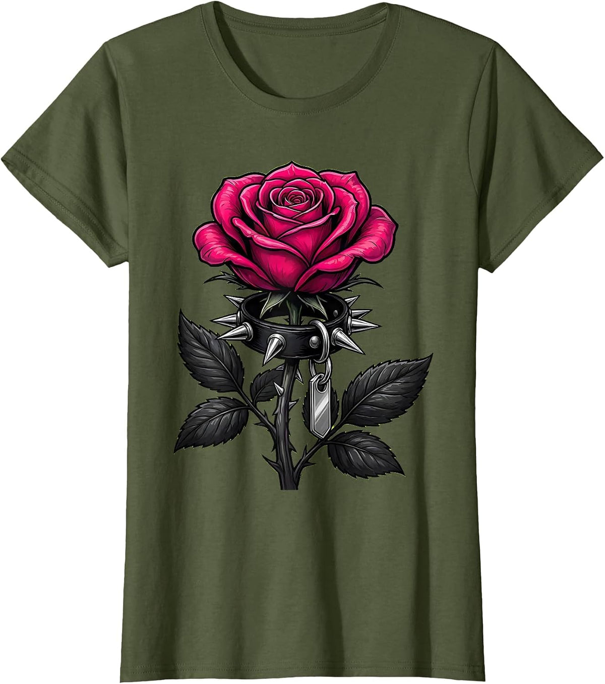 Women's Spiked Collar Rose Stem Brat Graphic Design T-Shirt - Olive Green