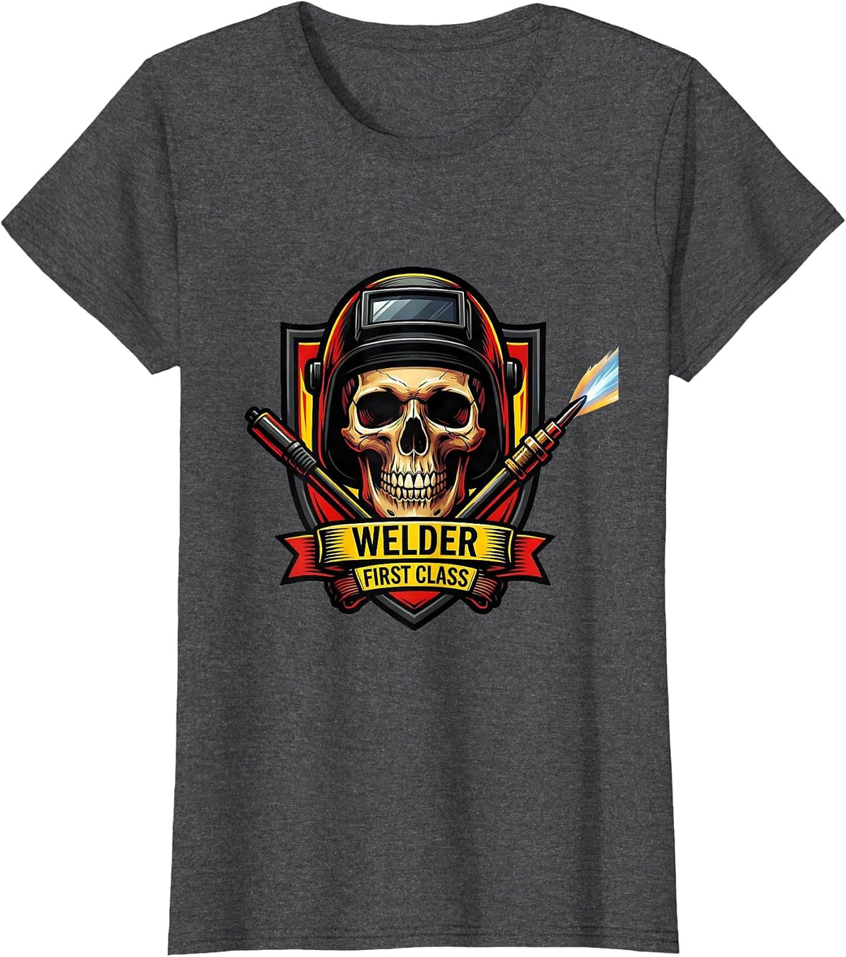Women's Welder, First Class Tattoo Skeleton Humor Tradesman Gift T-Shirt - Dark Heather Grey