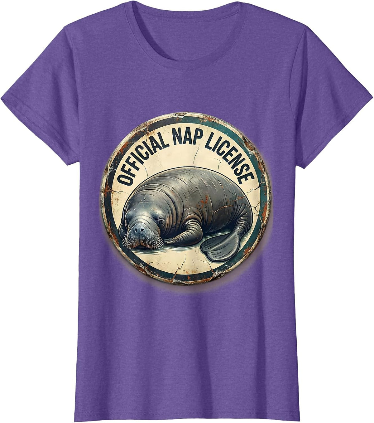 Official Nap License Distressed Manatee Wildlife Humor T-Shirt - Purple Heather