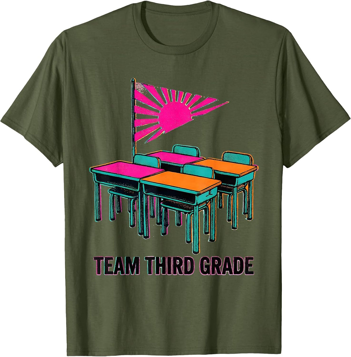 Men's Team Third Grade Risograph Back To School Student Teacher T-Shirt - Olive Green