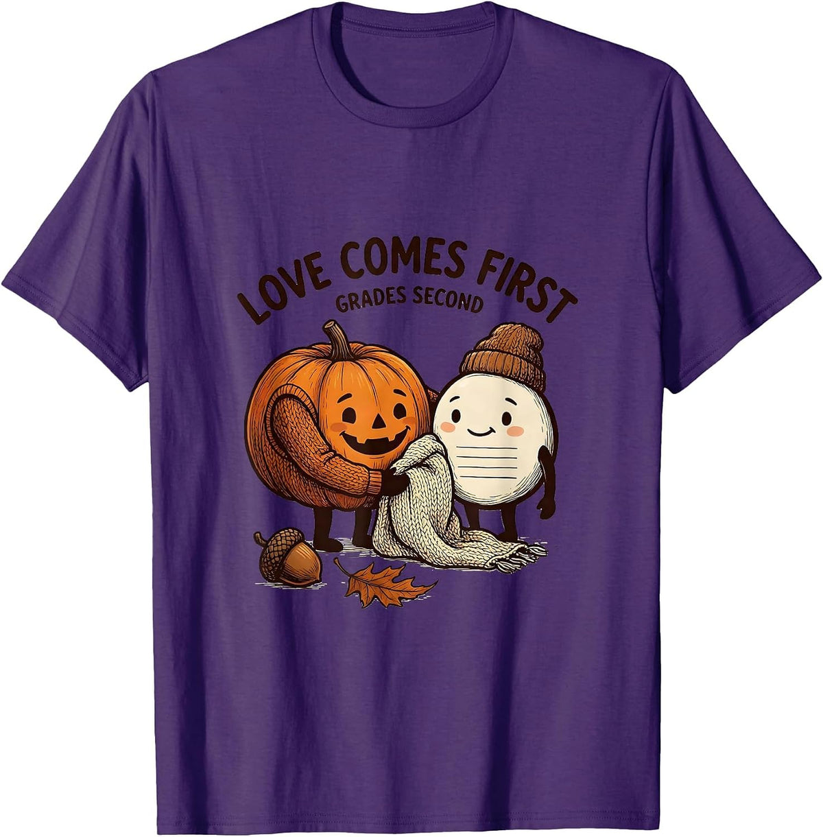 Men's Love Comes First Grades Second Autumn Teacher Classroom T-Shirt - Purple